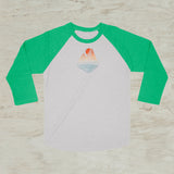 Mountain Lake Sunset Geometric Screen Print 3/4 Sleeve Raglan Baseball T-Shirt