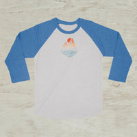 Mountain Lake Sunset Geometric Screen Print 3/4 Sleeve Raglan Baseball T-Shirt