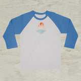 Mountain Lake Sunset Geometric Screen Print 3/4 Sleeve Raglan Baseball T-Shirt