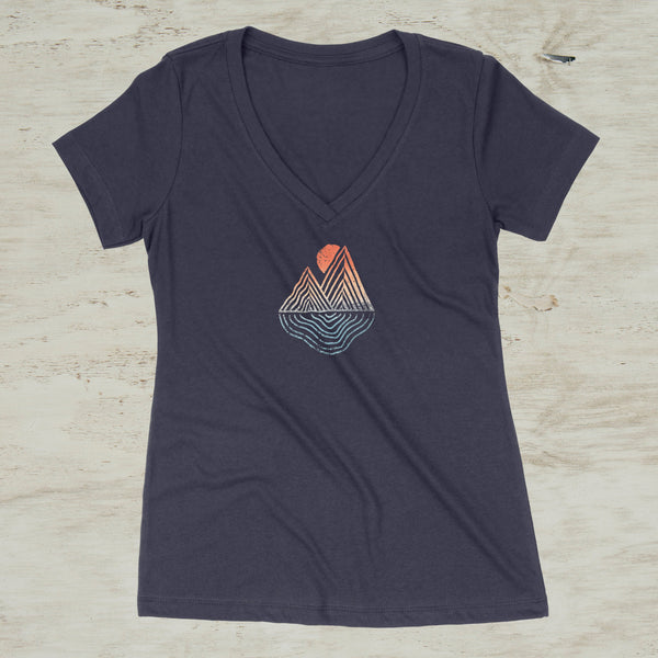 Mountain Lake Sunset Geometric Graphic V-Neck