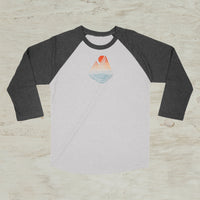 Mountain Lake Sunset Geometric Screen Print 3/4 Sleeve Raglan Baseball T-Shirt