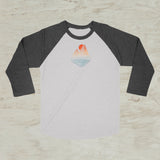 Mountain Lake Sunset Geometric Screen Print 3/4 Sleeve Raglan Baseball T-Shirt