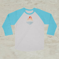 Mountain Lake Sunset Geometric Screen Print 3/4 Sleeve Raglan Baseball T-Shirt