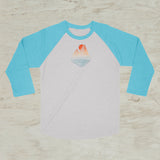 Mountain Lake Sunset Geometric Screen Print 3/4 Sleeve Raglan Baseball T-Shirt