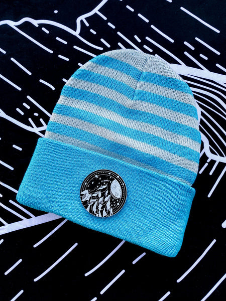 Night In The Mountains Striped Knit Beanie With Leatherette Patch