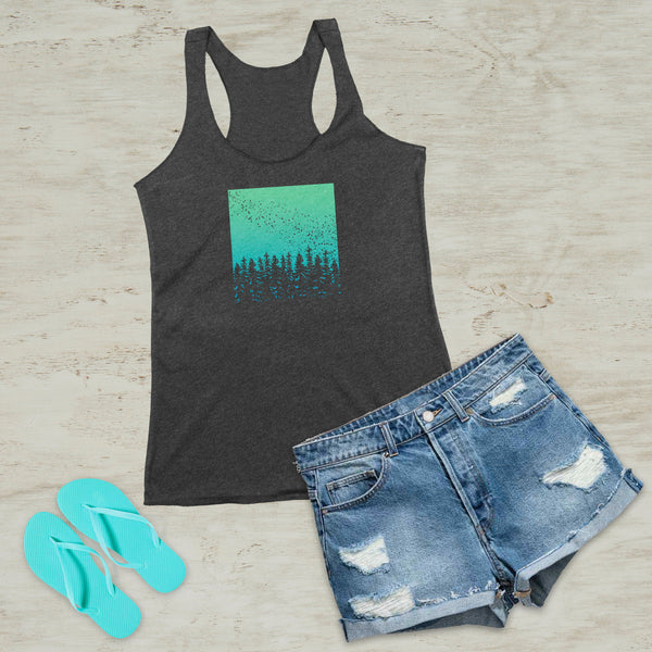 Northern Lights Mountain Tree Silhouette Graphic Screen Print Tri-Blend Tank