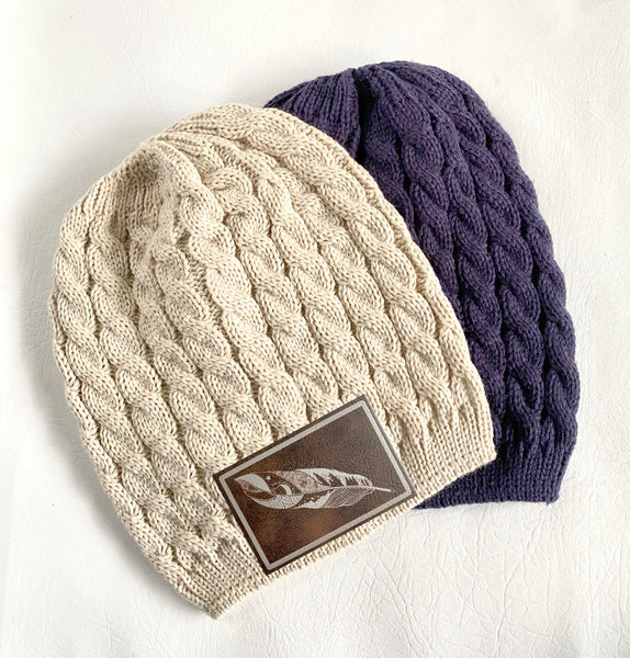 Feather Quill Mountain 8" Marled Knit Beanie With Leatherette Patch